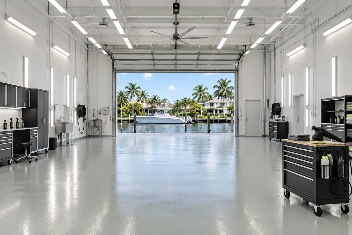 The empty hangar bay with an open door onto a canal