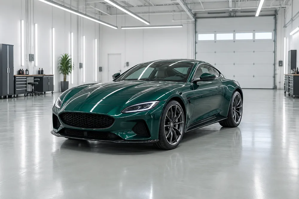 A deep green coupe with flawless paint in a bright white detailing hangar