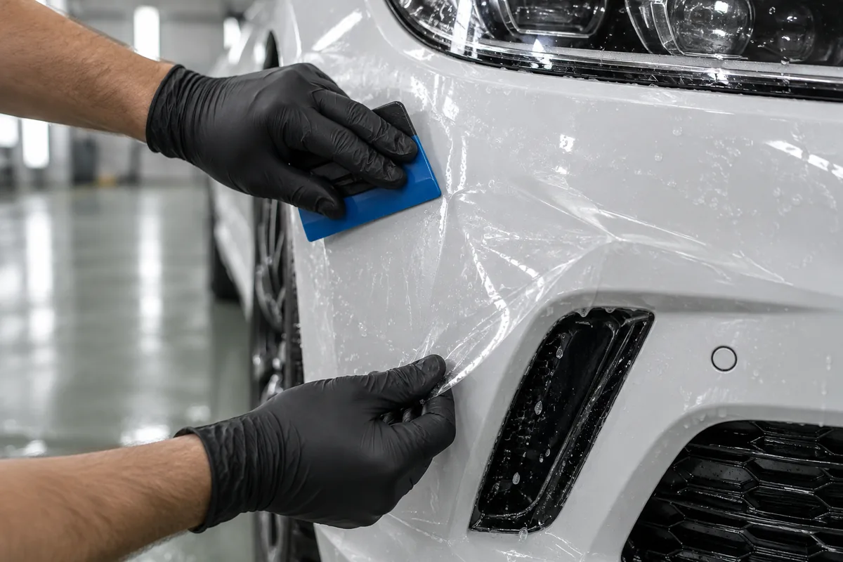 Gloved hands applying clear protection film to a white bumper